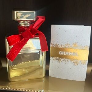 Decorative Gold perfume bottle shape with a Chanel ribbon & greeting card